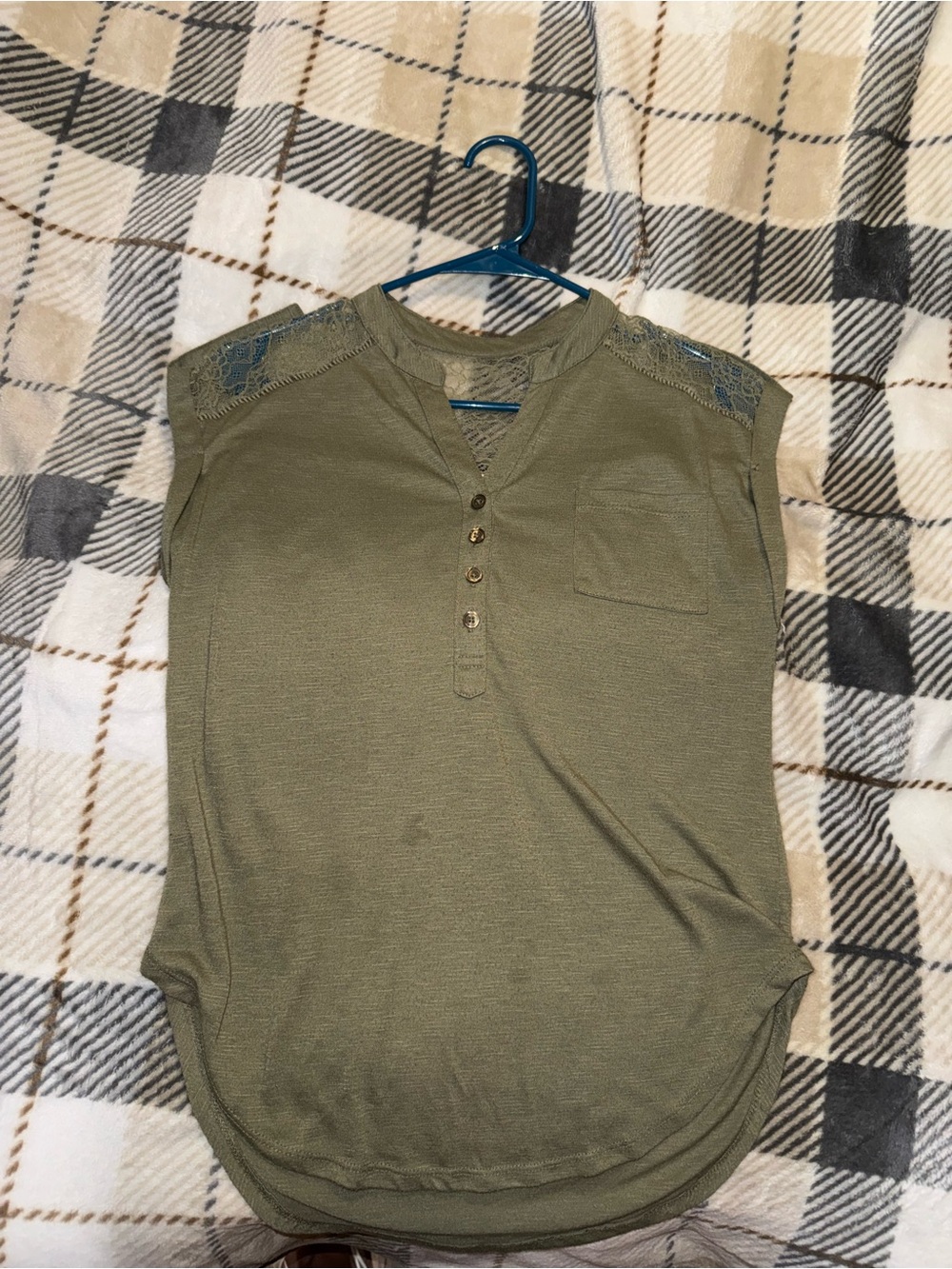 No Boundaries Olive Lace-Shoulder Henley Tee
